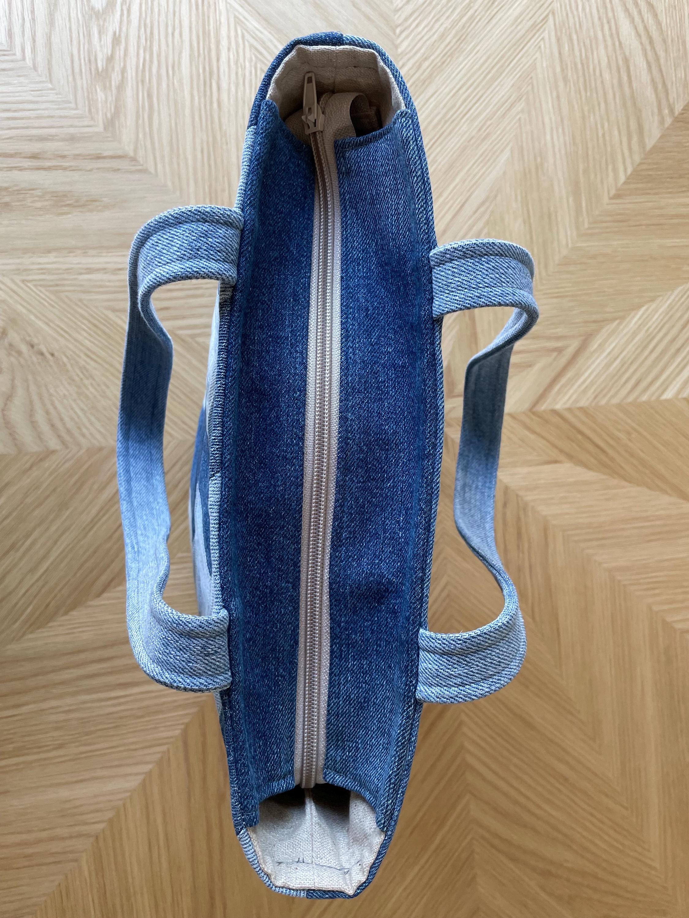 Recycled Denim Chevron Patchwork Tote Bag with Dragonfly Lining