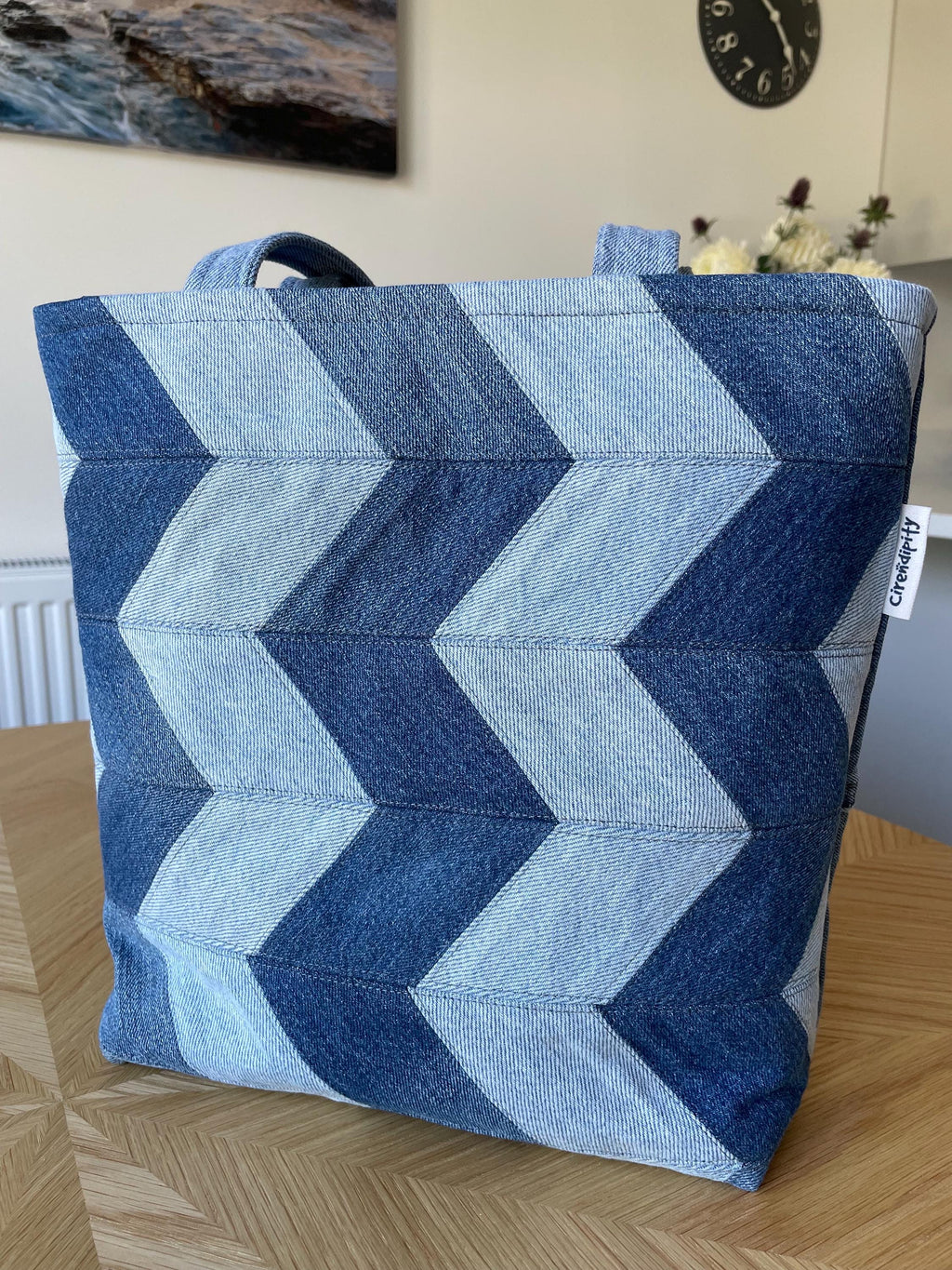 Recycled Denim Chevron Patchwork Tote Bag with Dragonfly Lining