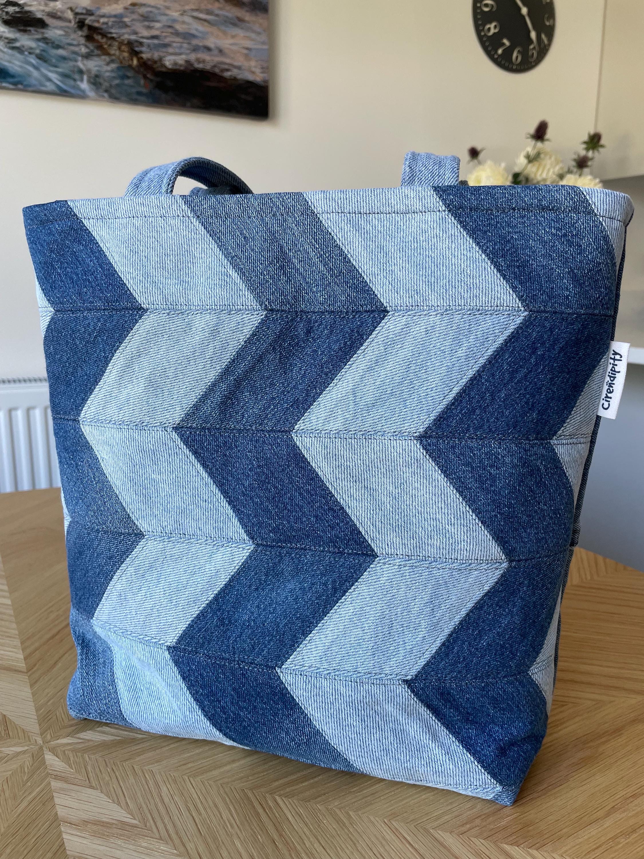 Recycled Denim Chevron Patchwork Tote Bag with Dragonfly Lining