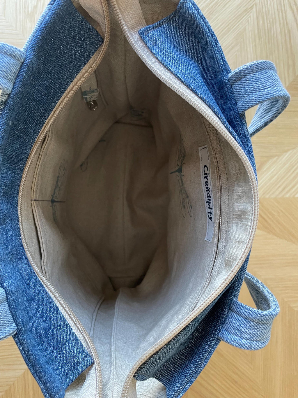 Recycled Denim Chevron Patchwork Tote Bag with Dragonfly Lining