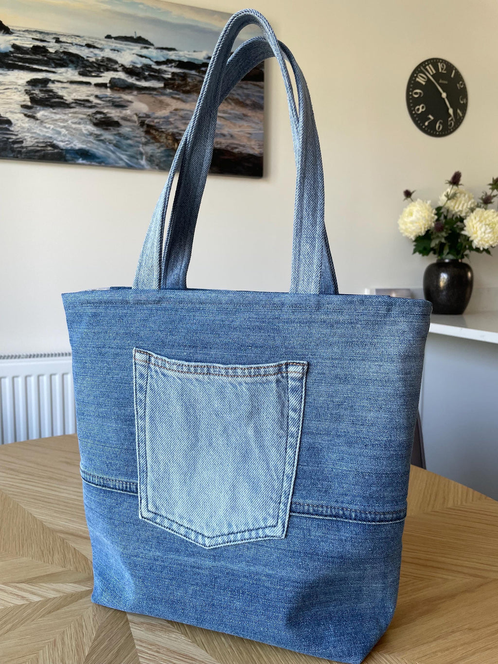 Recycled Denim Chevron Patchwork Tote Bag with Dragonfly Lining