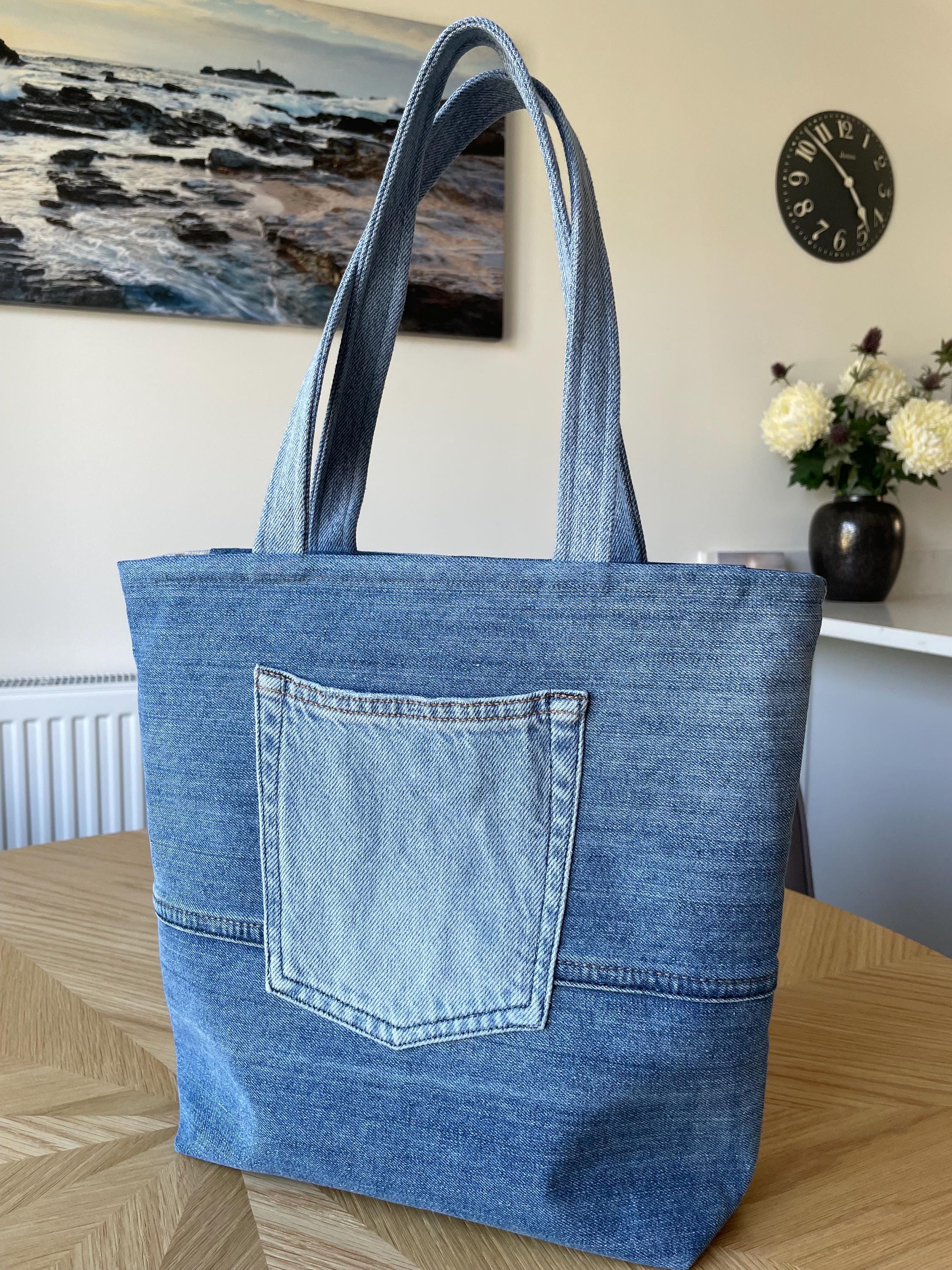 Recycled Denim Chevron Patchwork Tote Bag with Dragonfly Lining