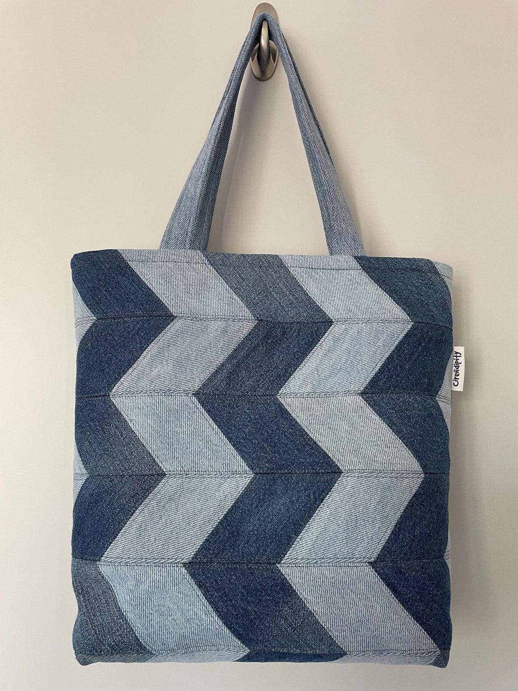 Recycled Denim Chevron Patchwork Tote Bag with Dragonfly Lining