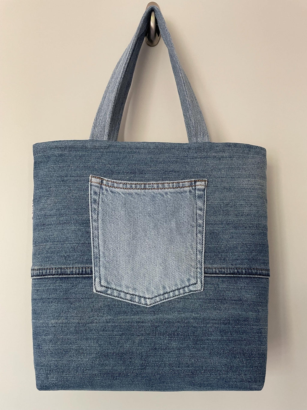 Recycled Denim Chevron Patchwork Tote Bag with Dragonfly Lining