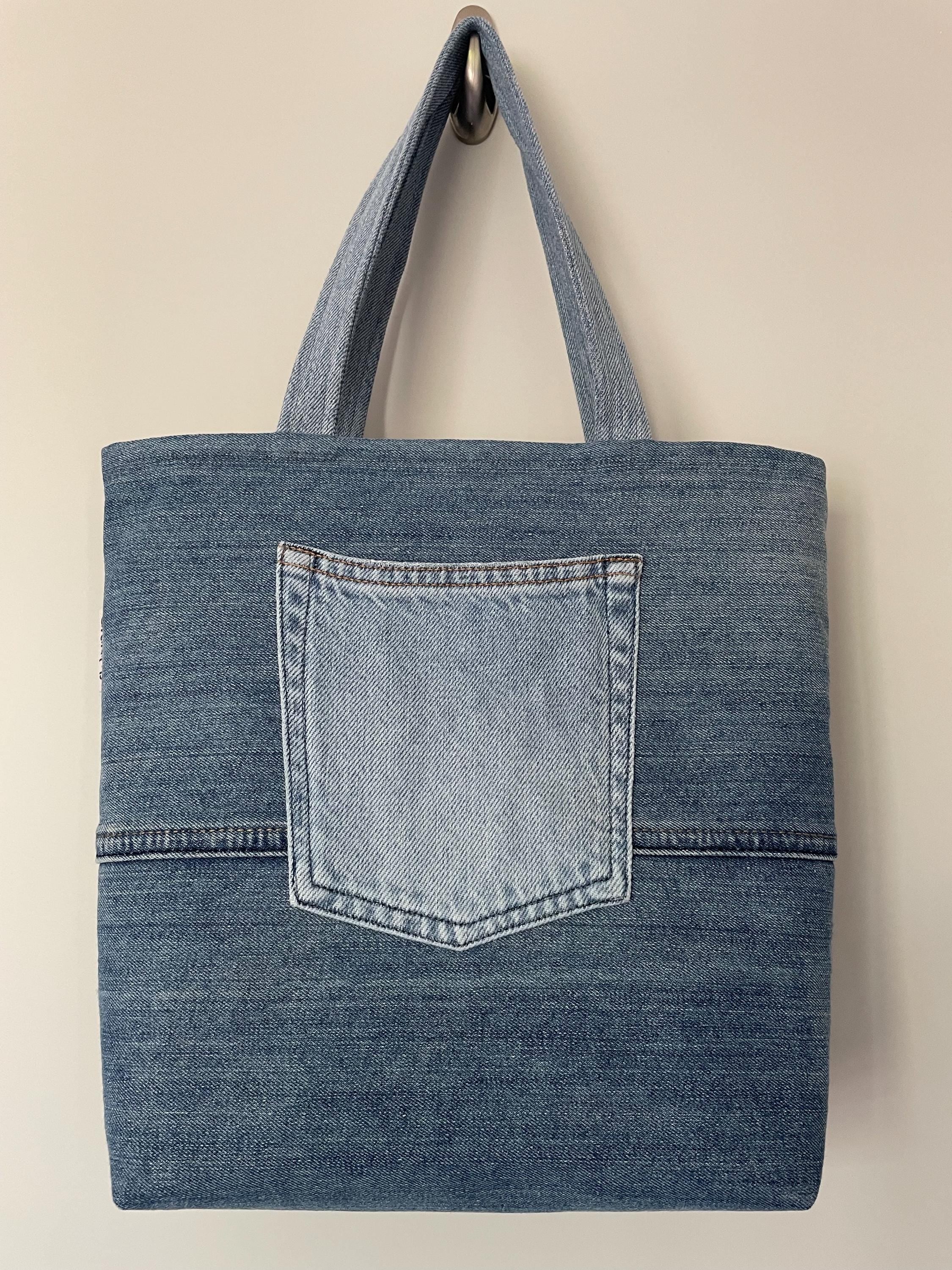 Recycled Denim Chevron Patchwork Tote Bag with Dragonfly Lining
